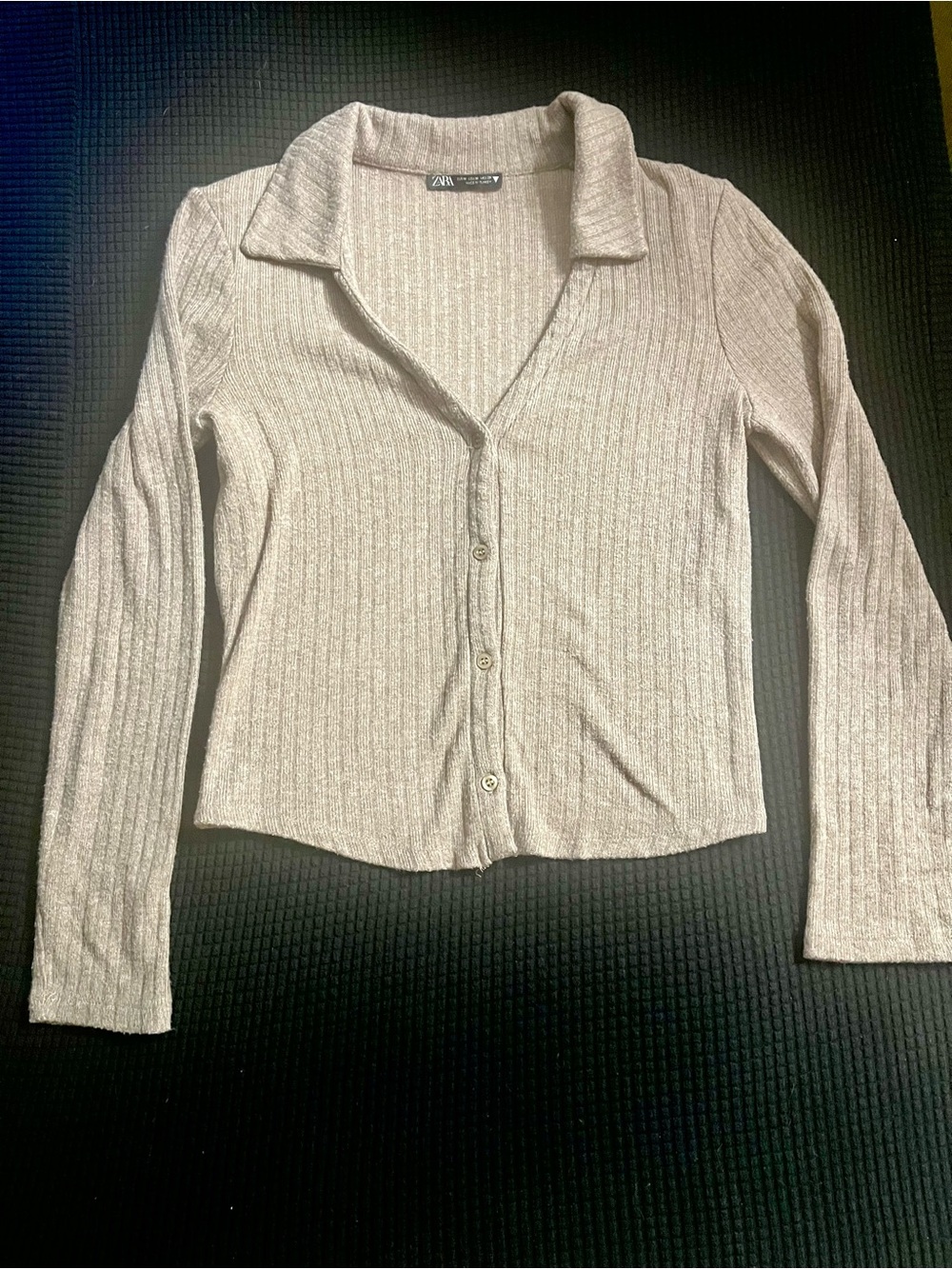 ZARA Light Beige Ribbed Button-Up Collared Top M Medium